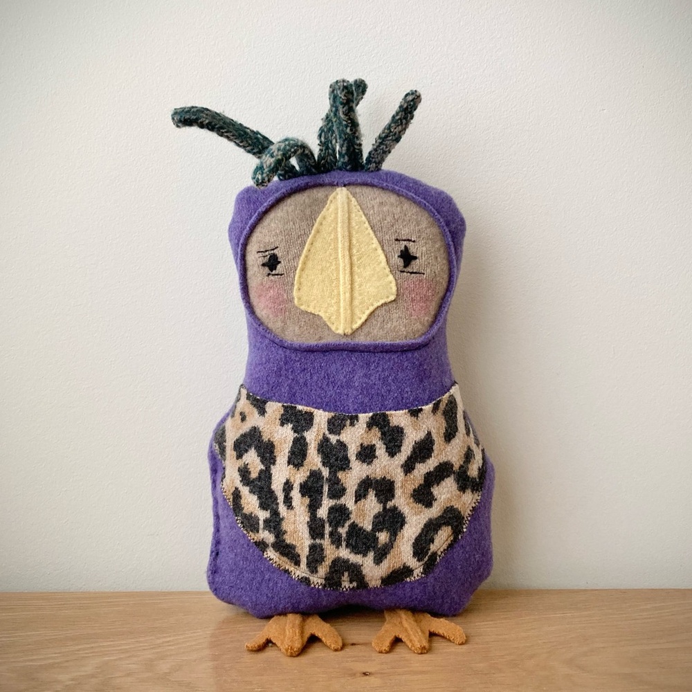 joodito purple duck reclaimed wool handmade pillow folk art doll leopard bird